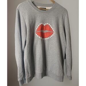 Markus Lupfer Size Medium Red Lips & Hearts Sweatshirt Gray Silk Cotton Blend